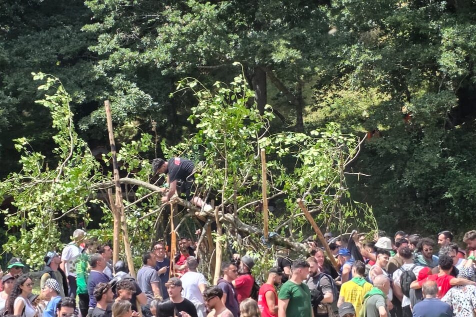 La Cima, sistemata sul telaio di legno prima del trasporto a spalla verso il paese.